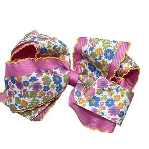 Matilda Jane Floral Hair Bow Clip Pink & Multicolor Ribbon With Yellow Trim